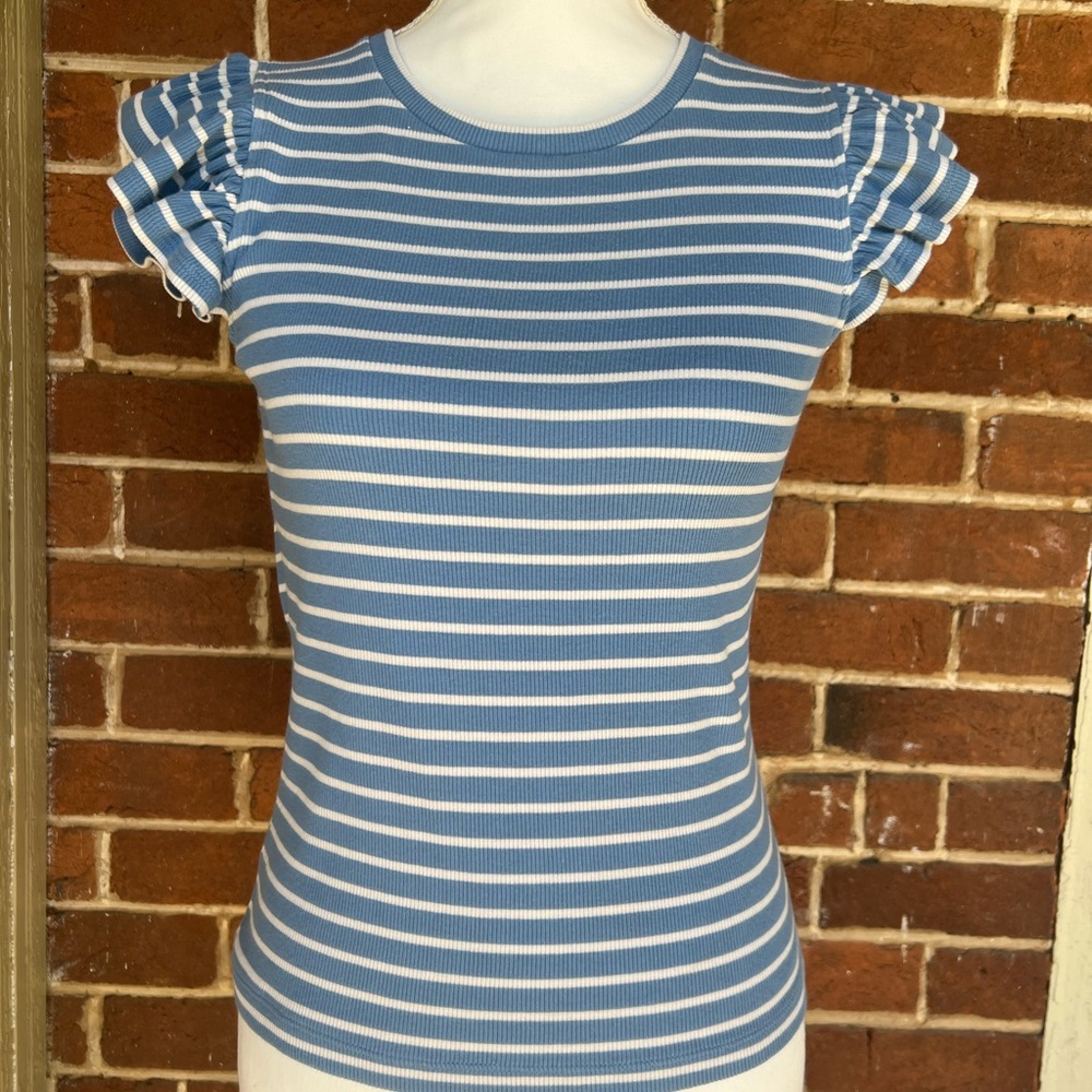 Boden Ribbed Blue & White Stripe Ruffle Sleeve Top